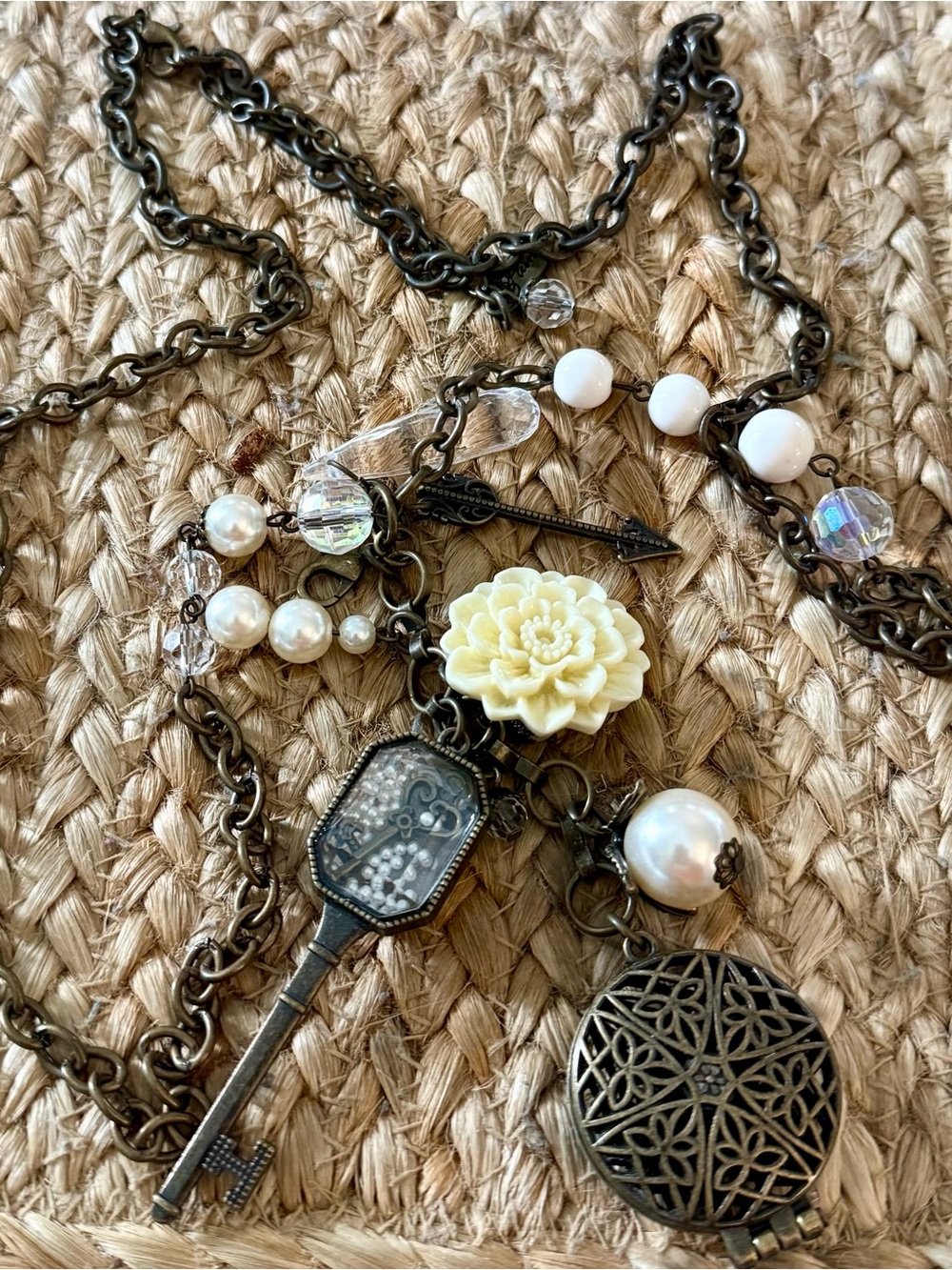 Vintage-Inspired Cream Flower & Pearl Charm Necklace, long chain